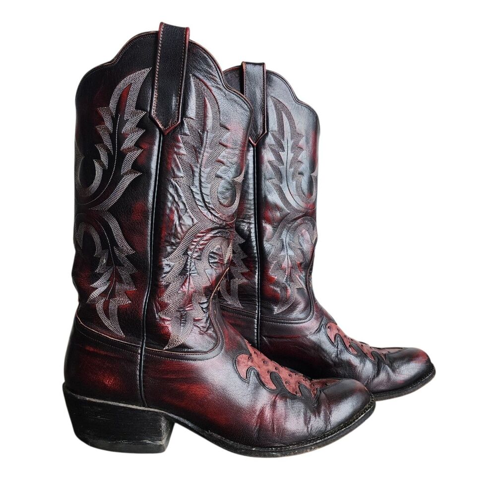 Rios of Mercedes Cowboy Boots 8021H Black Cherry Full Quill Ostrich Men's 9.5 D